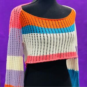 SHEIN Crop Top Crochet Color Block Pink Blue Orange White Sweater Size Medium